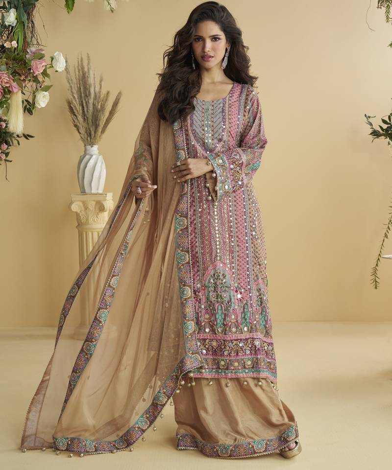 Pink crepe silk printed kurta palazzo set