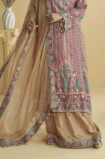 pink crepe silk printed kurta palazzo set