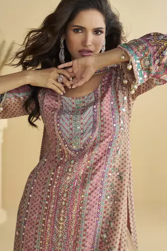 pink crepe silk printed kurta palazzo set