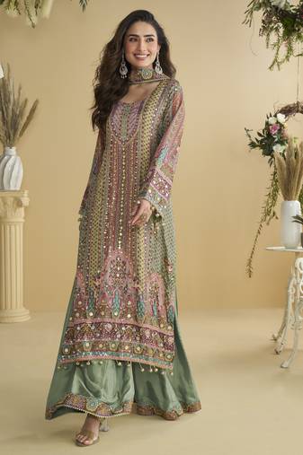 Parrot green crepe silk printed kurta palazzo set
