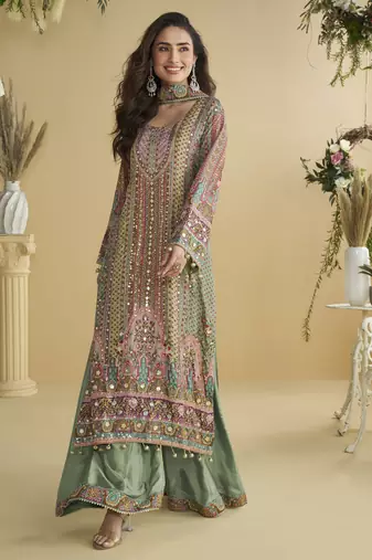 Parrot green crepe silk printed kurta palazzo set