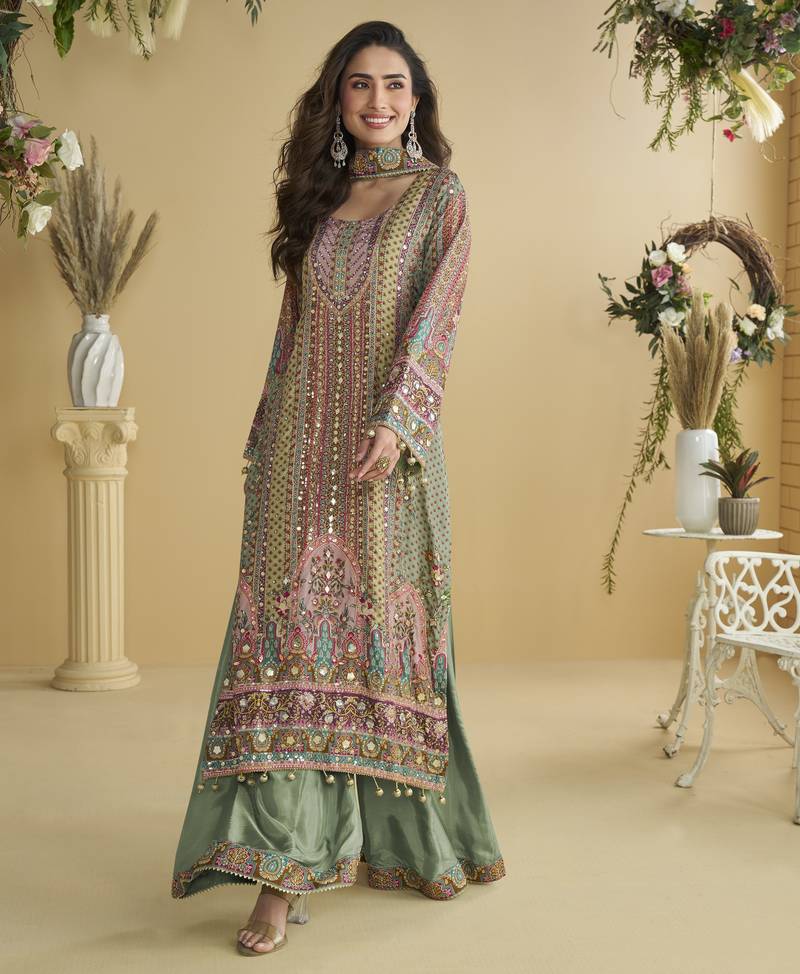 Parrot green crepe silk printed kurta palazzo set