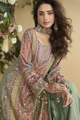 Parrot green crepe silk printed kurta palazzo set