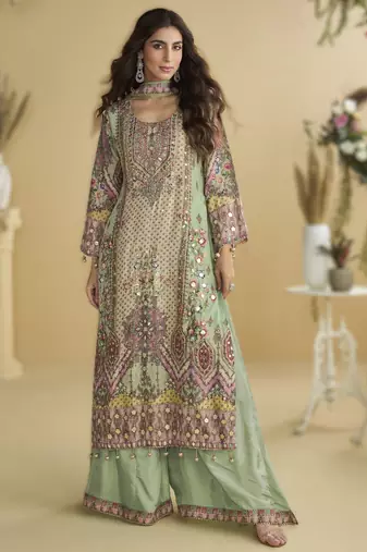 Parrot green crepe silk printed kurta palazzo set