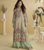 Parrot green crepe silk printed kurta palazzo set