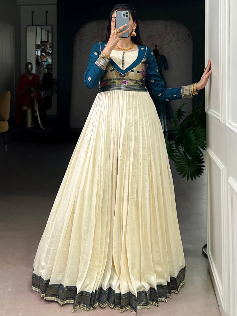 Graceful Off-White Zari Weaving Silk Festival Wear Gown