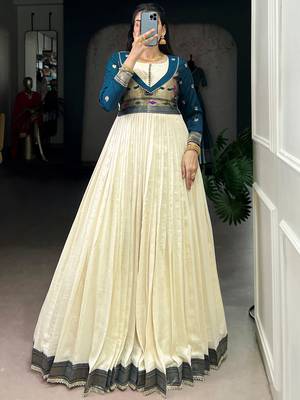Graceful Off-White Zari Weaving Silk Festival Wear Gown 2