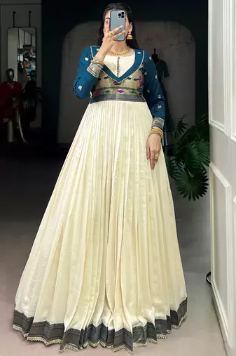 Graceful Off-White Zari Weaving Silk Festival Wear Gown