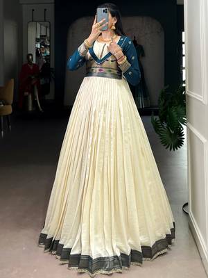 Graceful Off-White Zari Weaving Silk Festival Wear Gown 3