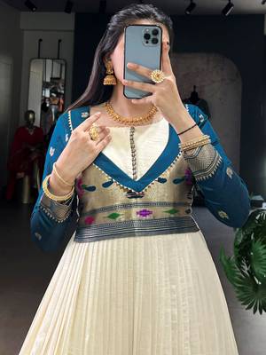 Graceful Off-White Zari Weaving Silk Festival Wear Gown 5