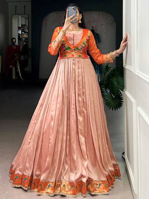 Captivating Peach Zari Weaving Silk Function Wear Gown 1