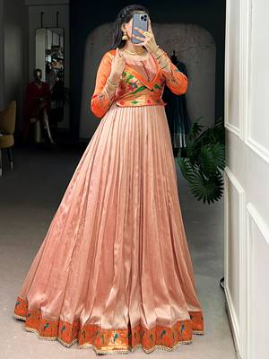 Captivating Peach Zari Weaving Silk Function Wear Gown 2