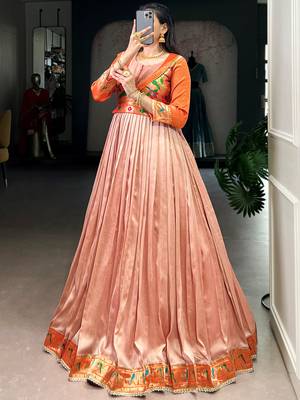 Captivating Peach Zari Weaving Silk Function Wear Gown 3