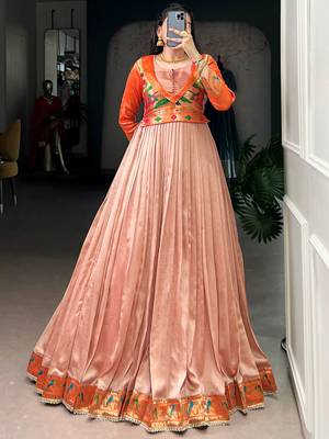 Captivating Peach Zari Weaving Silk Function Wear Gown 4