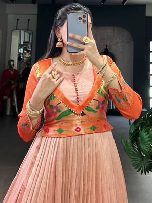 Captivating Peach Zari Weaving Silk Function Wear Gown 5