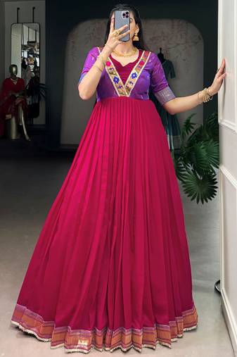 Sparkling Pink Zari Weaving Silk Wedding Wear Gown
