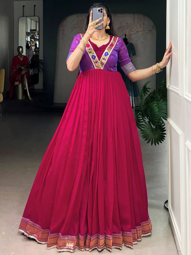 Sparkling Pink Zari Weaving Silk Wedding Wear Gown
