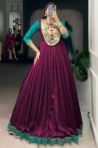 Fantastic Wine Zari Weaving Silk Function Wear Gown