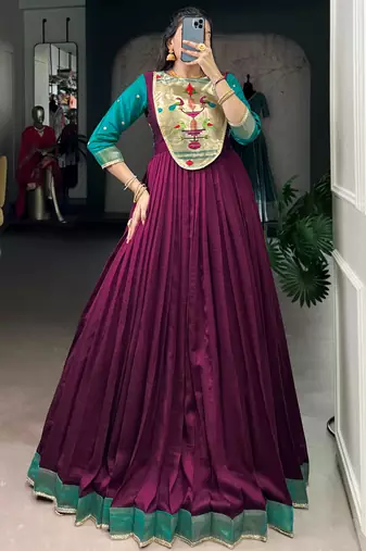 Fantastic Wine Zari Weaving Silk Function Wear Gown
