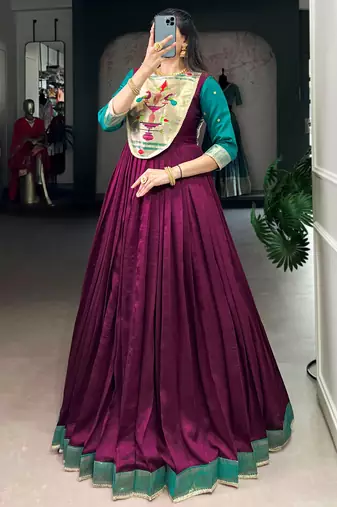 Fantastic Wine Zari Weaving Silk Function Wear Gown