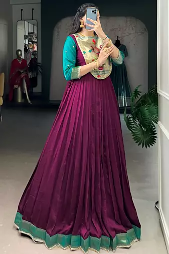 Fantastic Wine Zari Weaving Silk Function Wear Gown