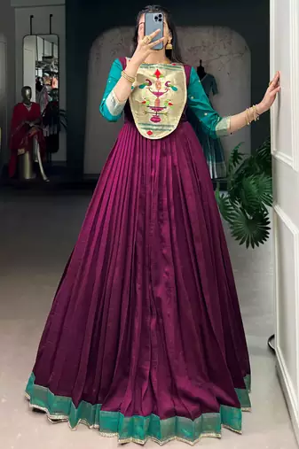 Fantastic Wine Zari Weaving Silk Function Wear Gown