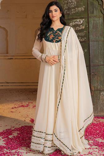 Pretty Off-White Gota Work Georgette Festival Wear Gown With Dupatta