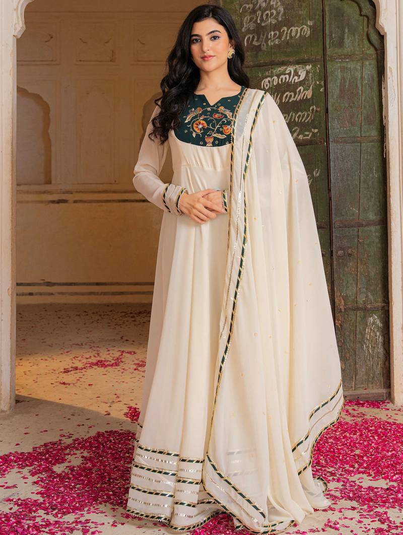 Pretty Off-White Gota Work Georgette Festival Wear Gown With Dupatta