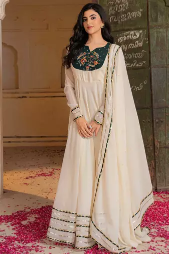 Pretty Off-White Gota Work Georgette Festival Wear Gown With Dupatta