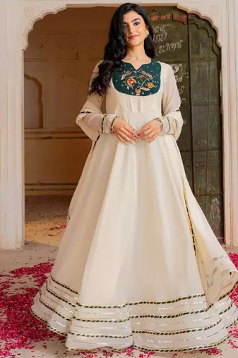 Pretty Off-White Gota Work Georgette Festival Wear Gown With Dupatta