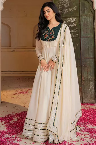 Pretty Off-White Gota Work Georgette Festival Wear Gown With Dupatta