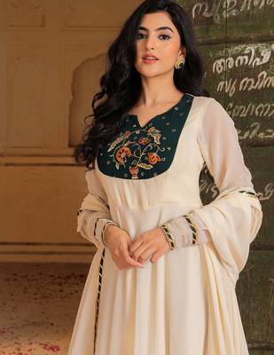Pretty Off-White Gota Work Georgette Festival Wear Gown With Dupatta 5