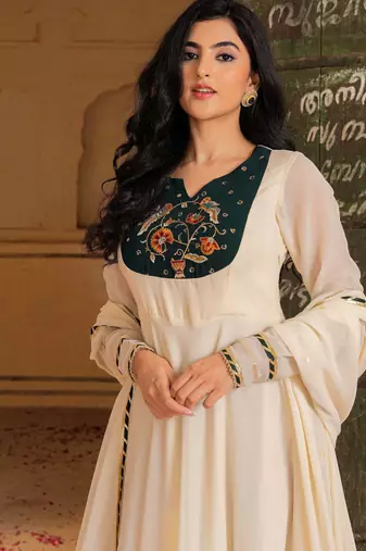 Pretty Off-White Gota Work Georgette Festival Wear Gown With Dupatta