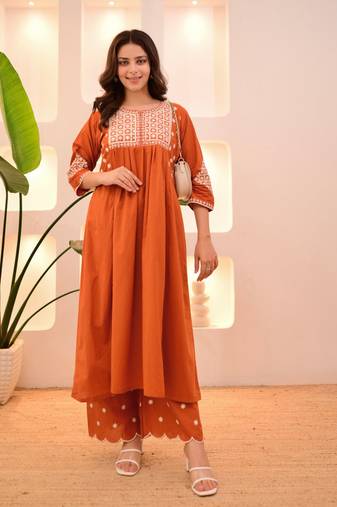 orange viscose rayon thread flared kurta pant set
