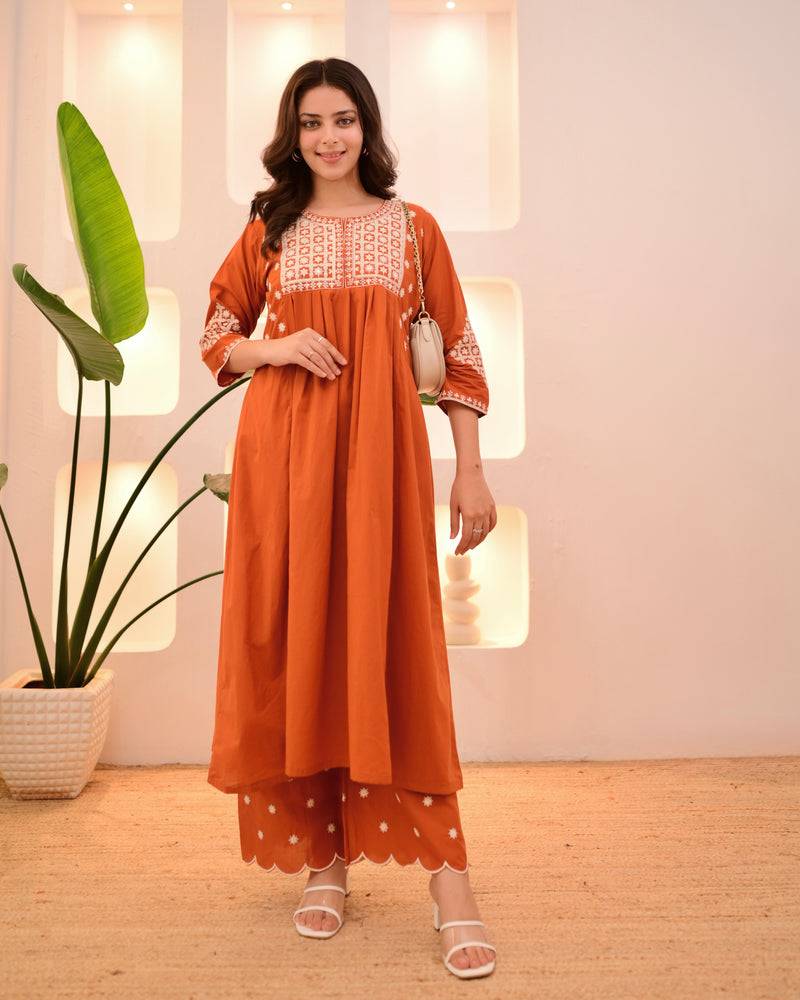 orange viscose rayon thread flared kurta pant set