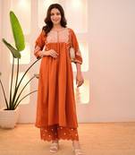 orange viscose rayon thread flared kurta pant set