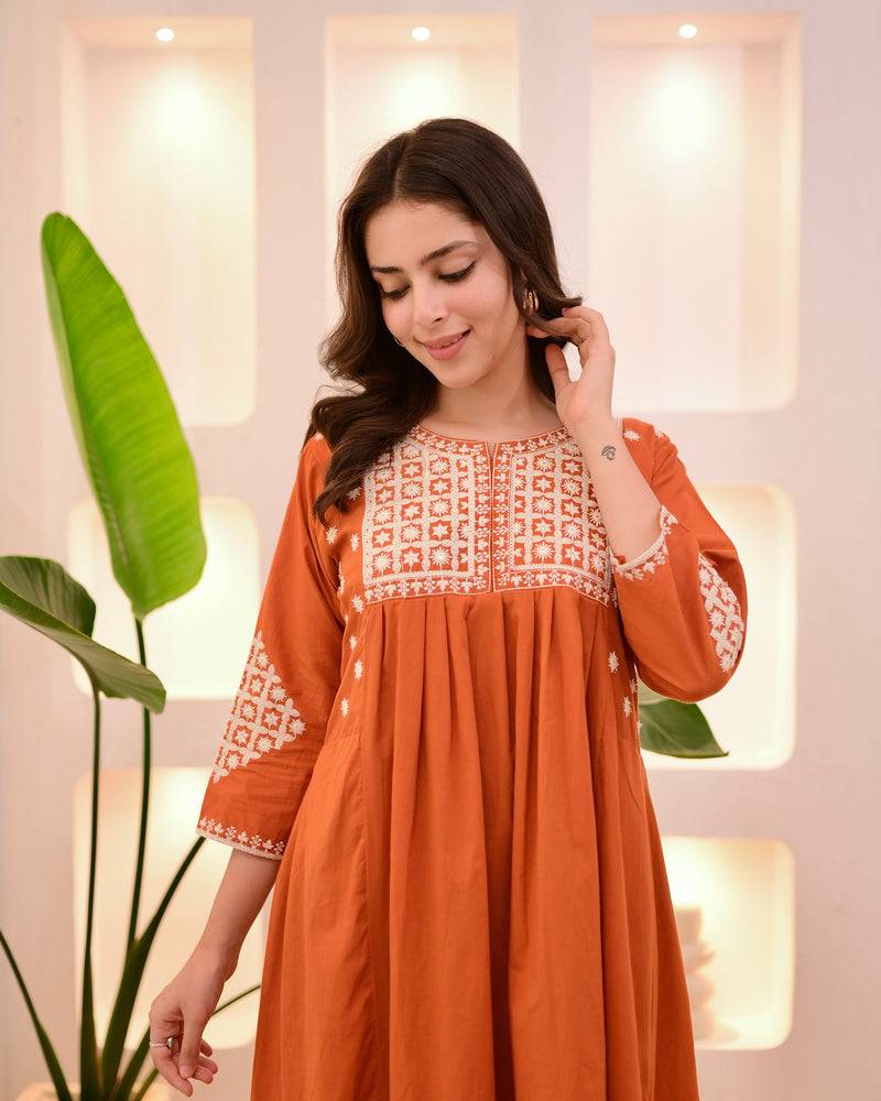 orange viscose rayon thread flared kurta pant set