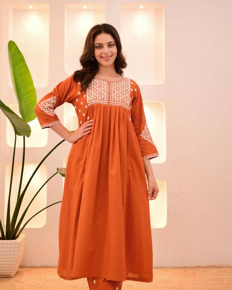 orange viscose rayon thread flared kurta pant set