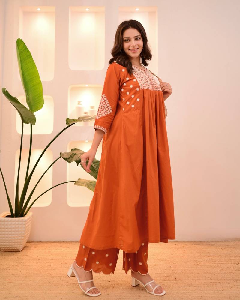 orange viscose rayon thread flared kurta pant set