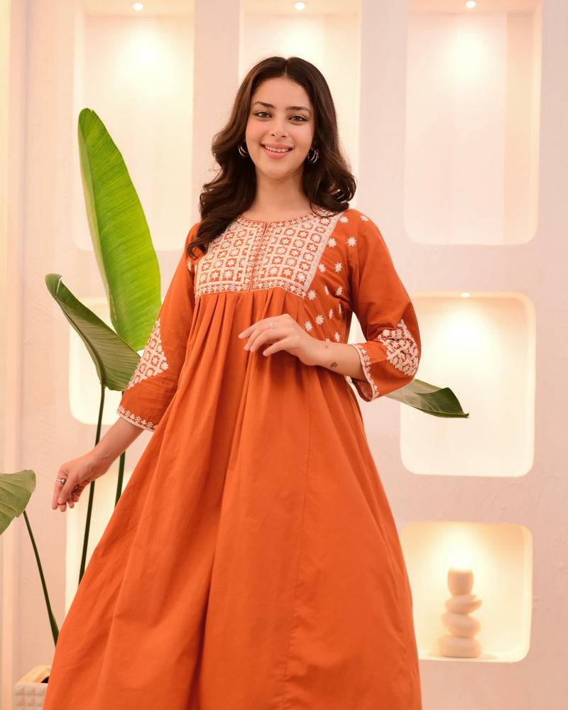 orange viscose rayon thread flared kurta pant set