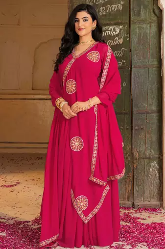 Gorgeous Pink Embroidered Georgette Function Wear Gown With Dupatta
