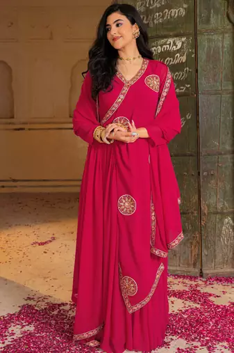Gorgeous Pink Embroidered Georgette Function Wear Gown With Dupatta