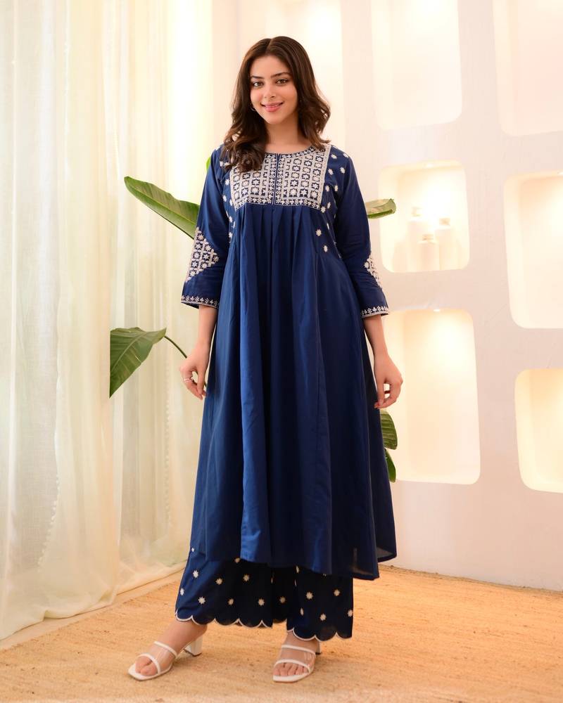 blue viscose rayon thread flared kurta pant set