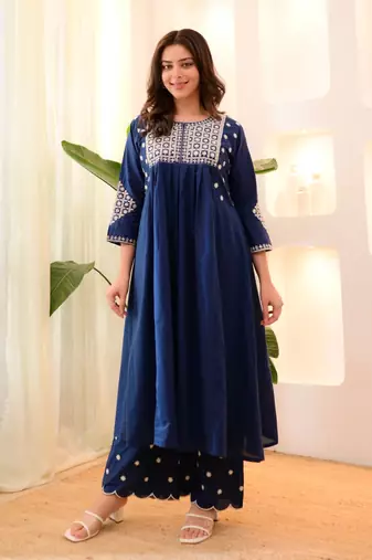 blue viscose rayon thread flared kurta pant set