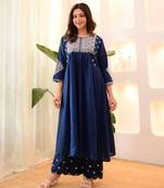 blue viscose rayon thread flared kurta pant set
