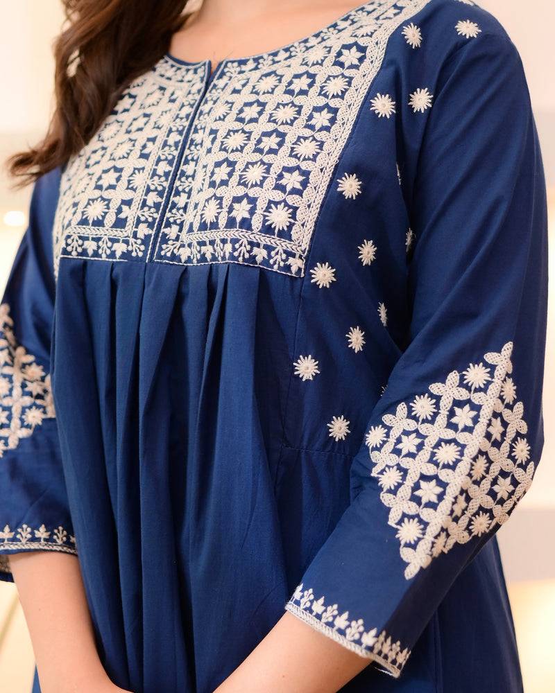 blue viscose rayon thread flared kurta pant set
