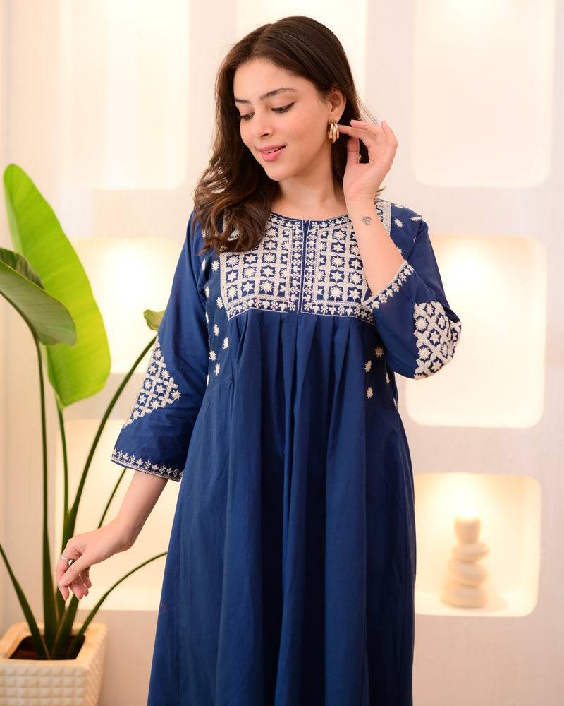 blue viscose rayon thread flared kurta pant set