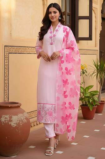 pink chanderi printed straight kurta pant and dupatta set