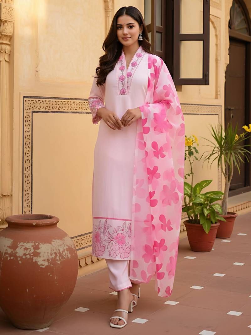 pink chanderi printed straight kurta pant and dupatta set