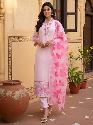 pink chanderi printed straight kurta pant and dupatta set 1